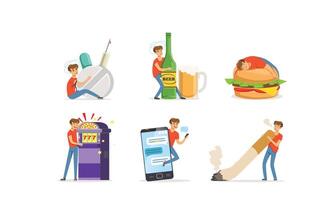 Young Man Having Bad Habits Illustrations Set. Harmful Addictions Concept vector