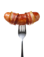 crispy bacon-wrapped sausage on isolated background, gourmet sausage wrapped in bacon, juicy grilled sausage with crispy bacon, sizzling bacon sausage close-up png