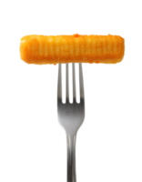 crispy cheese stick on isolated background, golden fried cheese stick on fork, crunchy mozzarella stick close-up, deep-fried cheese snack, breaded cheese stick on silver fork png