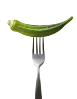fresh green okra pod with smooth texture and natural ridges on isolated background, organic vegetable rich in fiber and antioxidants placed on a fork png
