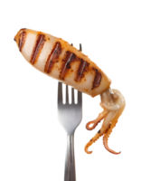 grilled squid on isolated background, juicy grilled calamari on a fork, perfectly charred squid tentacles, seafood delicacy with grill marks, gourmet grilled squid dish png