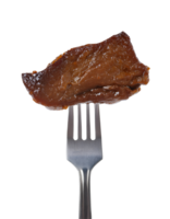 fried sun-dried beef on isolated background, crispy and tender thai-style dried beef, marinated and deep-fried to perfection, pierced on a two-prong fork png