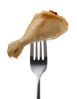 steamed chicken drumstick with fish sauce on isolated background, tender cooked poultry on a fork with glossy texture png