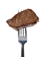 black pepper beef steak on isolated background, juicy grilled beef slice with a seared crust, pierced on a two-prong fork, perfect for steak lovers and gourmet food photography png