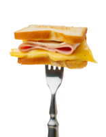 ham and cheese sandwich on isolated background, toasted ham and cheese sandwich on fork, gourmet sandwich close-up, crispy bread with melted cheese and ham png