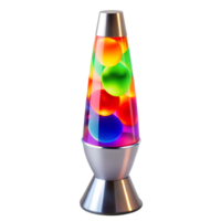 A vibrant multicolored lava lamp with a sleek silver base and colorful wax blobs inside a glass container that creates a mesmerizing light show isolated on transparent background png