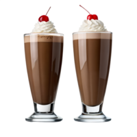 Two Delicious Chocolate Malt Drinks Topped with Whipped Cream and Cherries isolated on transparent background png