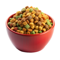 A red bowl filled with a delicious assortment of colorful squareshaped pet food kibble isolated on transparent background png