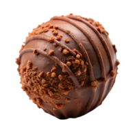 A delectable chocolate truffle exquisitely decorated with cocoa nibs and milk chocolate swirls isolated on transparent background png