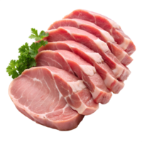 Closeup of several slices of raw pork loin meat garnished with fresh parsley isolated on transparent background png