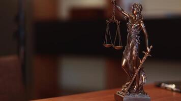 Golden lady justice statue is displayed on a wooden desk in law office, symbolizing justice, fairness, and the legal system. Statue of Themis with a pair of scales of justice. Banner, background video