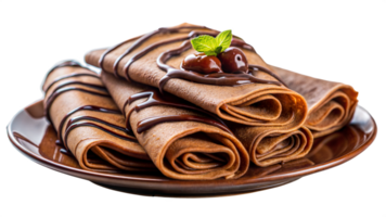 Delicious Chocolate Crepes with Cherries and Mint Garnish A Sweet Treat Rolled and Drizzled with Chocolate Sauce isolated on transparent background png