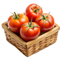 Four Ripe Red Tomatoes in a Light Brown Wicker Basket isolated on transparent background png