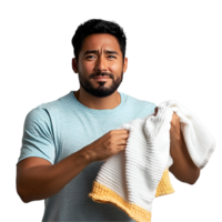 man holding a towel and looking at it png