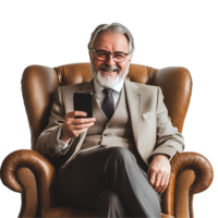 an old man in a suit and tie sitting in a chair and using his phone png