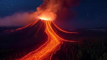 Volcano Erupting at Night with Flowing Lava and Smoke Above Trees video