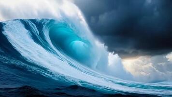Ocean Wave Crashing with Dramatic Storm Clouds in Open Sea video
