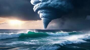 Tornado Touching Down Over Ocean with Stormy Clouds and Waves video
