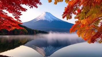 Mount Fuji Reflection in Lake with Autumn Leaves and Mist video