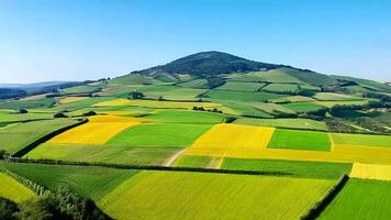 Flying Over Green and Yellow Fields with Distant Mountain Scenery video