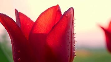 Blooming Red Tulip with Water Droplets Shines in Soft Sunlight video