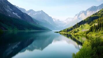 Lake Reflecting Mountains and Forest Scenery on Clear Sunny Day video