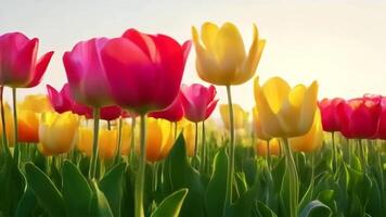 Blooming Tulips Close Up View in Spring Field Background video