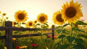 Blooming Sunflower Field at Sunrise with a Rustic Fence in Nature video