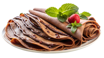 Delicious Chocolate Crepes with Strawberry and Mint Garnish A Sweet and Savory Culinary Delight isolated on transparent background png