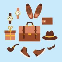 Happy fathers day gift collection with accessories and fashion elements vector