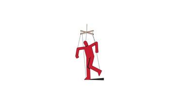 Red puppet figure struggling against strings 2D character animation. Resistance, manipulation. Psychological controlled hanging animated marionette cartoon 4K isolated on white transparent video