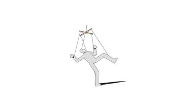 White puppet suspended by strings falling under control 2D character animation. Psychological controlled hanging subordinate figure animated marionette cartoon 4K isolated on white transparent video
