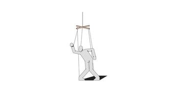 White puppet struggling for freedom 2D character animation. Authoritative power. Psychological controlled hanging subordinate figure animated marionette cartoon 4K isolated on white transparent video