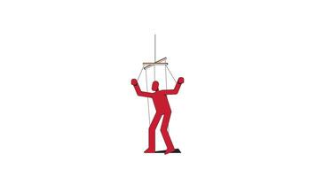 Red puppet under control 2D character animation. Manipulation, forced obedience. Psychological controlled hanging subordinate figure animated marionette cartoon 4K isolated on white transparent video