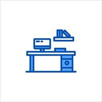 A computer desk with a monitor and books on it vector