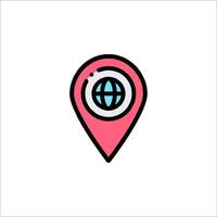 A pink pin with a globe icon on it vector