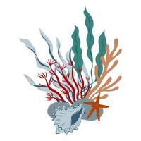 Underwater composition of coral reef, algae, seaweed and seashell. Hand drawn underwater elements. Art of nautical elements vector