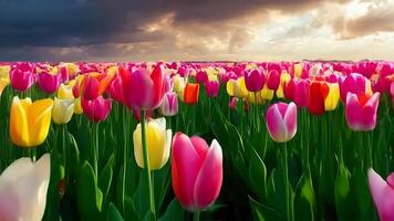 Blooming Tulip Flowers in Spring Field Under Cloudy Sky video