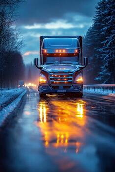A large truck on a snowy road during twilight, with glowing lights reflecting on the wet pavement. Pine trees line the road, creating a serene winter scene. photo