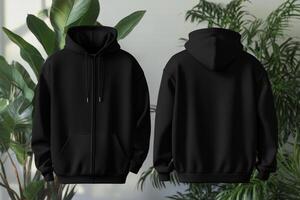 Black hoodie mockup with a plant in the background photo
