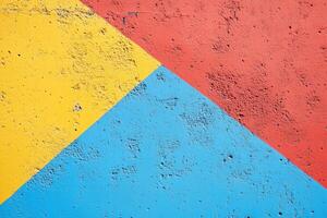 A vibrant abstract wall with geometric shapes in yellow, red, and blue colors. The texture is rough, showcasing a mix of bright hues that create an eye-catching design. photo