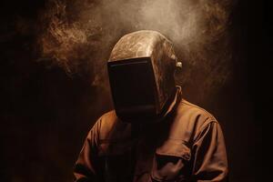 A man wearing a welding helmet and a dark background photo