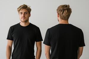Man in black t - shirt mockup on white background photo