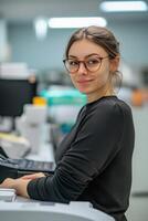 A woman in glasses sitting at a desk with a computer photo