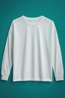 White long sleeve t - shirt mock up on green background photo