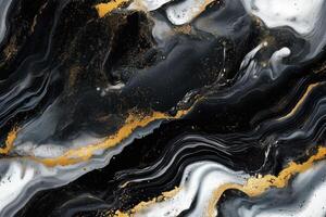 Seamless abstract background featuring swirling patterns of black, white, and gold. The design showcases fluid shapes and textures, creating a luxurious and modern aesthetic. photo