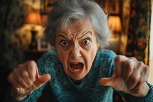An older woman is making a face with her hands photo