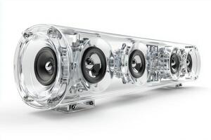 A modern, transparent speaker design showcasing multiple speakers arranged in a sleek, elongated form. The clear casing highlights the internal components, emphasizing a futuristic aesthetic. photo