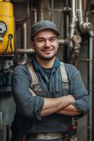 A man in overalls standing in front of a machine photo