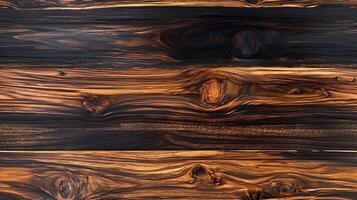 Textured wooden surface featuring dark and light brown tones with distinct grain patterns and knots. photo